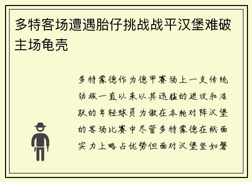多特客场遭遇胎仔挑战战平汉堡难破主场龟壳